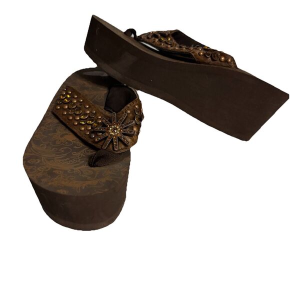 Justin Western Bling Platform Flip Flop Sandals Beaded Studs Wedge Brown Size 8 - Picture 1 of 9